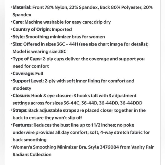 Vanity Fair Radiant Collection Smoothing Minimizer Bra Size 38DD(E) - Picture 9 of 9